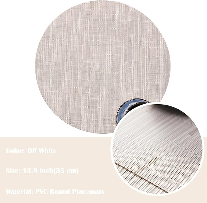 Round Placemats Set of 6 Woven Table Mats Washable Non-Slip Place Mats 13.8 Inch for Christmas Decoration Home Wedding Party,Off White