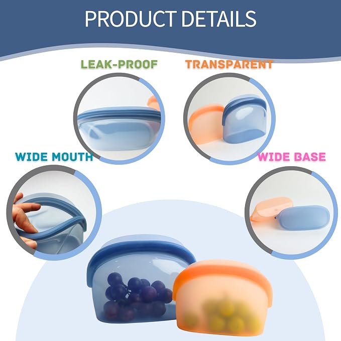 Platinum Silicone Reusable Food Storage Bags 34oz/17oz 2pcs,Blue/Orange Leakproof Seal Stand-Up Dishwasher & Microwave Safe, BPA Free, Silicone Snack Bags