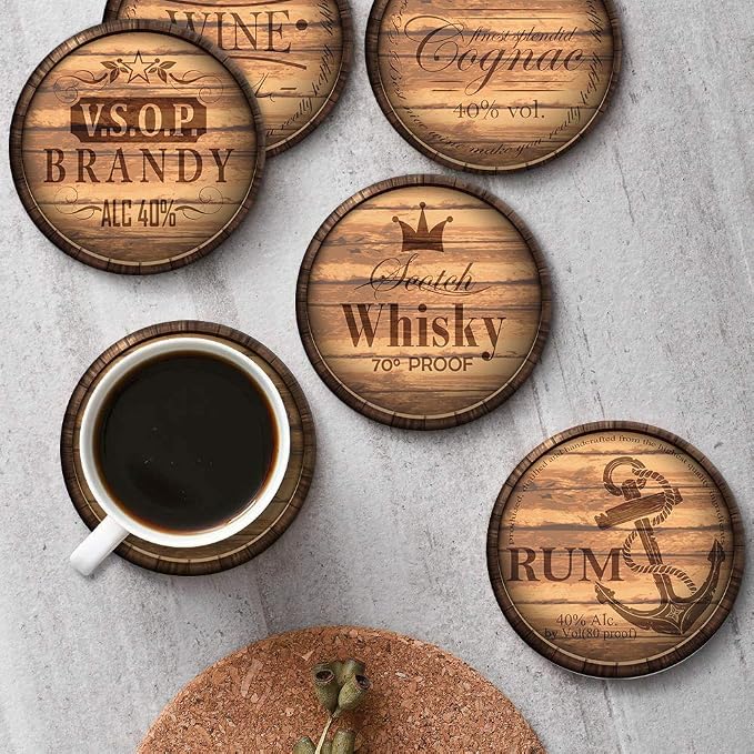 Britimes Set of 6 Coaster for Drinks Absorbent with Cork Base, Metal Holder, Wooden Texture Round Stone Drink Mat for Coffee Wood Table, Gift for Birthday, Farmhouse Housewarming Room Bar Decor