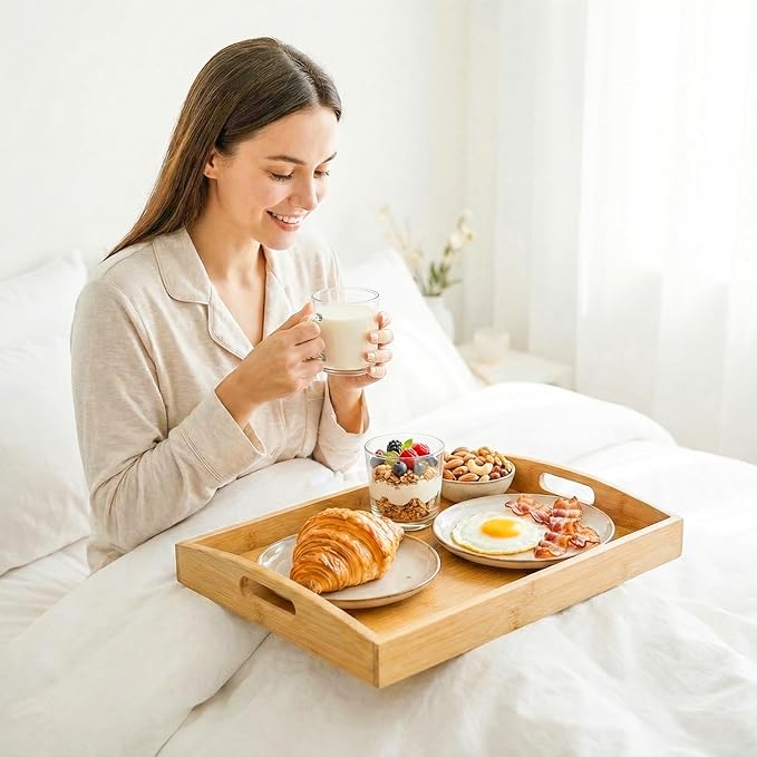Bamboo Serving Tray with Handles Set of 3 - Decorative Wooden Trays for Eating, Working, and Storing, Suitable for Use in Bedroom, Living Room, Kitchen, Bathroom, Outdoor Scenarios and More
