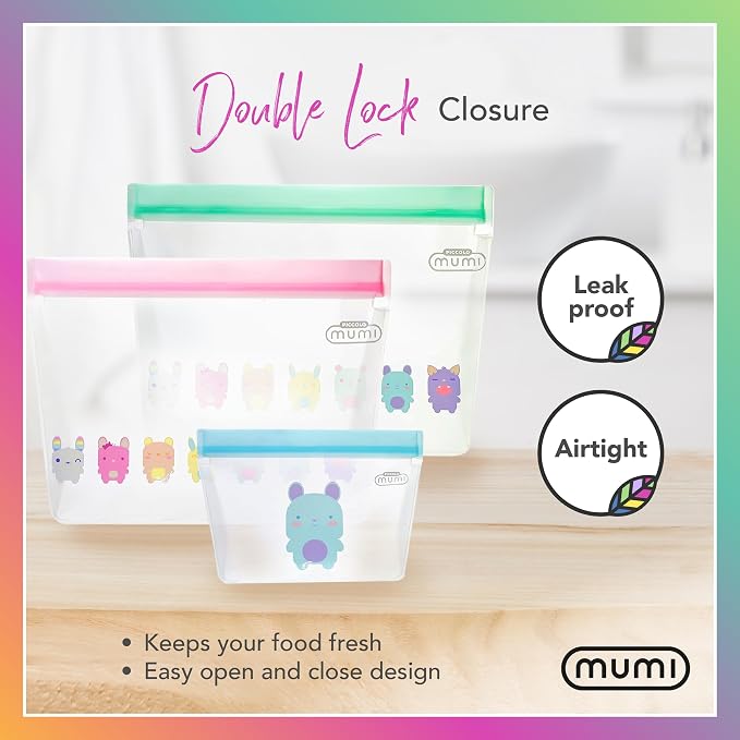 MUMI Piccolo Reusable Zip Up Bags – Set of 3 Silicone Zip lock Bags | Reusable Zip lock for Food Storage, Freezer, & Snacks | BPA-Free Airtight Silicone Storage for Travel & Meal Prep - Pink