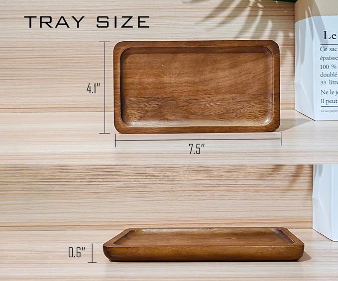 Small Wooden Tray (7.5 x 4.1 inch) 3 Pack, Rectangular Mini Tray | Serving Tray for Coffee Tables, Dessert, Snack, Fruit, Acacia Wood Platter for Vegetable, Decor Restaurant