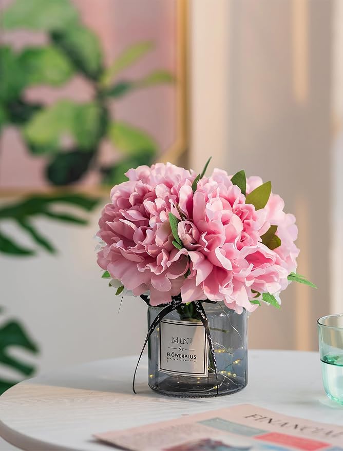 BLOSMON Pink Artificial Flowers in Vase: Fake Hydrangea with Gray Vase LED Light for Table Centerpieces Decor - Small Faux Arrangements Desk Vanity Bathroom Office Decoration (8.2" Height)