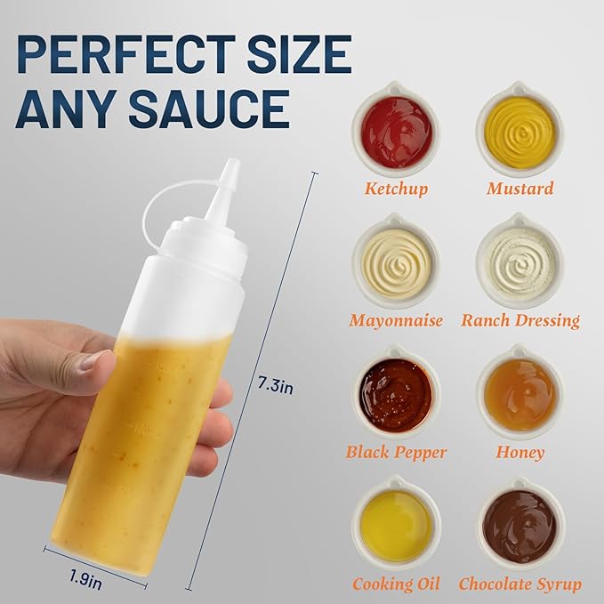 8 oz Squeeze Bottles, Plastic Condiment Squeeze Bottles for Sauces, Ketchup, Squirt Bottle for Dressing, Sauce Bottle for Syrup, Oil, Dressing, Mustard, Pancake Batter - 6 Pack