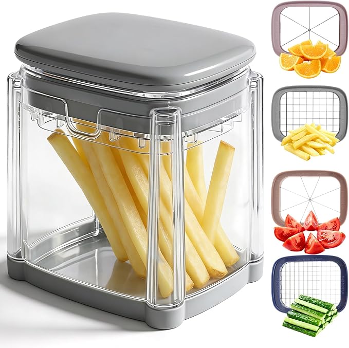 4-In-1 French Fry Cutter for Potatoes, Apple Slicer, Chopper Vegetable Cutter - Dicer Chopper for Carrots, Cucumbers, Onion, Tomato (Gray 4-in-1 French Fry Cutter)