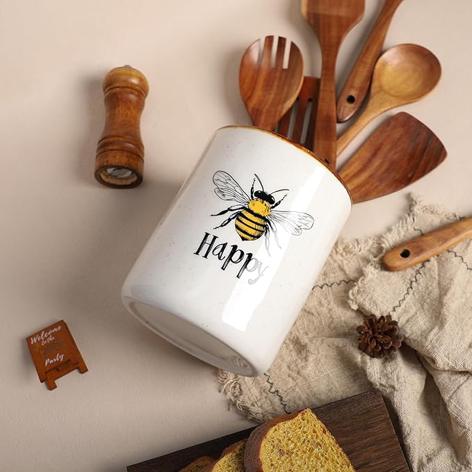 SOCOSY Bee Happy Ceramic Kitchen Utensil Holder For Countertop Large Cooking Utensil Crock Holder Spatula Holder-Yellow