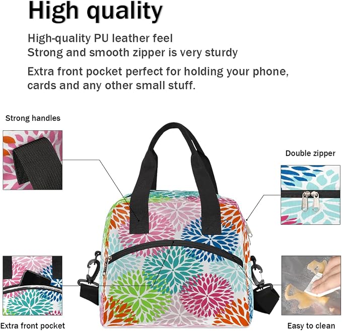 Pardick Colorful Flower Floral Insulated Lunch Bag for Women Girl Reusable Lunch Tote Box With Shoulder Strap Lightweight Thermal Cooler Meal Prep Bag for Work School Office Picnic