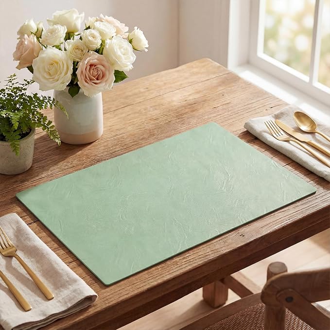Artoid Mode Sage Faux Leather Placemats Set of 4, 12x18 Inch Waterproof Wipeable Heat Resistant Vinyl Place Mats, Reversible Table Mats for Spring Kitchen Dining Decor