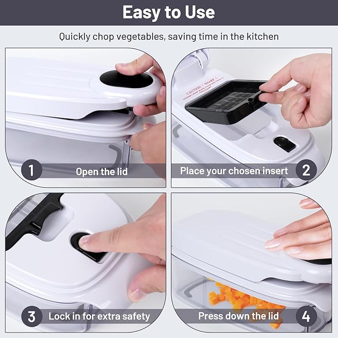 2-in-1 Vegetable Dicer, Onion Chopper with 6.7mm and 13.5mm Dicing Blades, 1.5L Food Prep Container for Salad, Potato, Tomato, Home Kitchen Meal Prep (White & Black)
