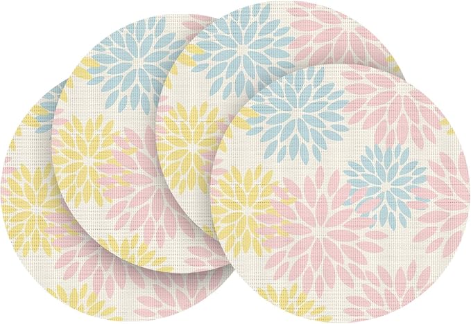 Artoid Mode Pink Dahlia Plastic Round Placemats Set of 4, 14 Inch Seasonal Washable Woven Vinyl Table Mats for Farmhouse Party Kitchen Dining Decor
