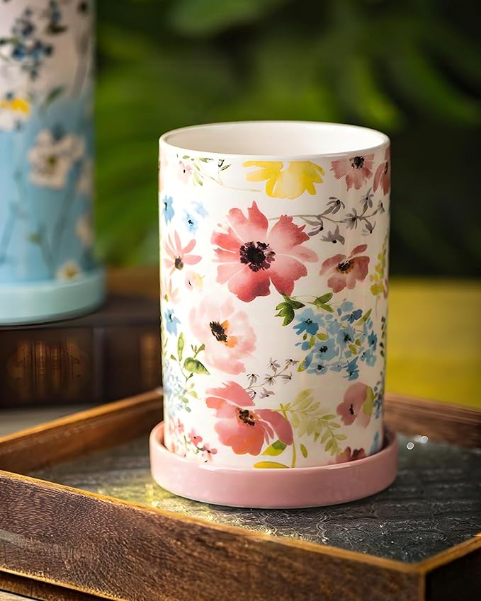 Utensil Holder for Kitchen Counter, Large Ceramic Utensil Holder Crock with Drain Tray, Hand-Painted Floral Rustic Farmhouse Kitchen Crock, Perfect for Women, Christmas, Hostess Gifts & Fall Decor