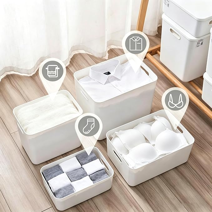 Ytteve 6 Pack White Stackable Plastic Storage Bins with Lids & Handles, Durable - 4 Large (14.4"x10.2"x6.3") & 2 Medium (11.8"x8"x4.7"), Multi-size for Closet, Shelves, Drawers, Home & Office
