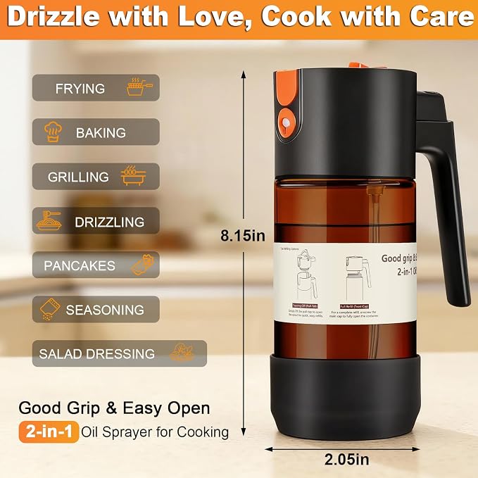 2-IN-1 Oil Sprayer for Cooking with 8 Stickers Light-Blocking Dark Glass Olive Oil Dispenser Bottle for Kitchen 500ml/16.9oz Oil Mister for Air Fryer, BBQ,Salad Even Spray with Portion Control-2PC