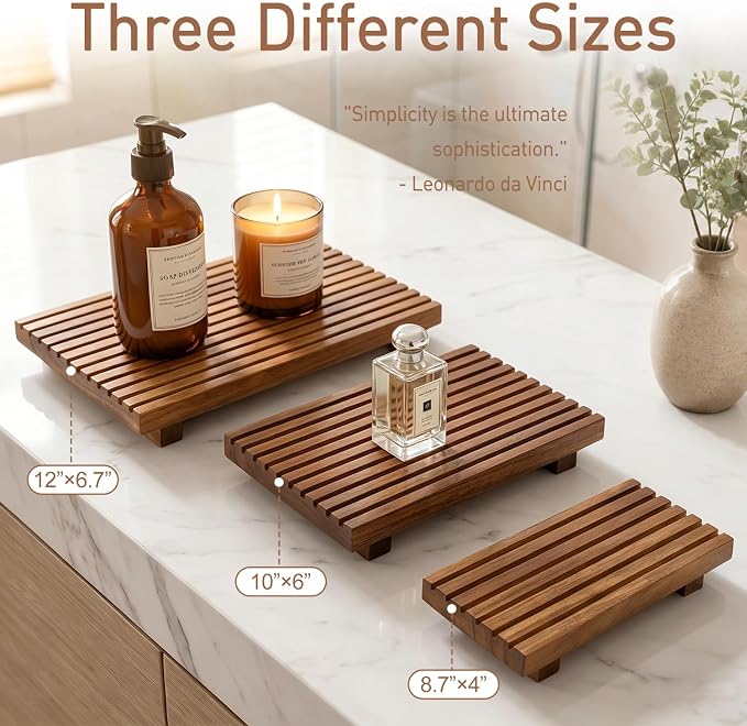 Acacia Wood Pedestal Stand for Bathroom Tray Organizer Kitchen Counter Decor Sink Candle Holder Decorative Wooden Display Risers for Kitchen Soap Tray Large Vanity Bathroom Counter Sink Trays