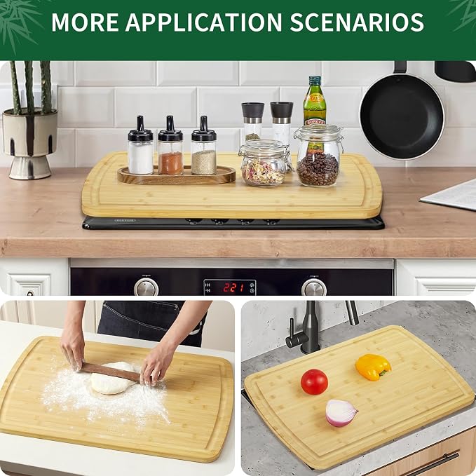 GarveeHome Extra Large Bamboo Cutting Board, 30.1 x 20 in Wooden Chopping Board for Kitchen, Butcher Block with Juice Groove and Handles, Stove Top Cover, Over Sink Noodle Board