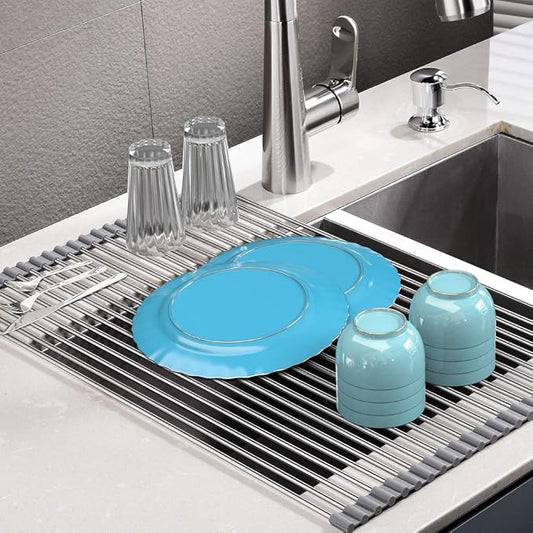 SunCleanse 17.8" L×15" W Roll Up Dish Drying Rack, Over Sink Dish Drying Rack Drainer, Multi-Use Stainless Steel Foldable Dish Rack for Kitchen Sink Countertop, Grey