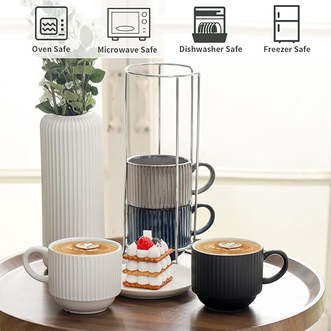 Ceramic Coffee Mugs with Stand,15 Ounce Stackable Coffee Cups Set of 4 for Latte,Cappuccino,Mocha,Cocoa,Ribbed Vintage Coffee Cups for Men Women,Dishwasher & Microwave Safe,Striped Multicolor
