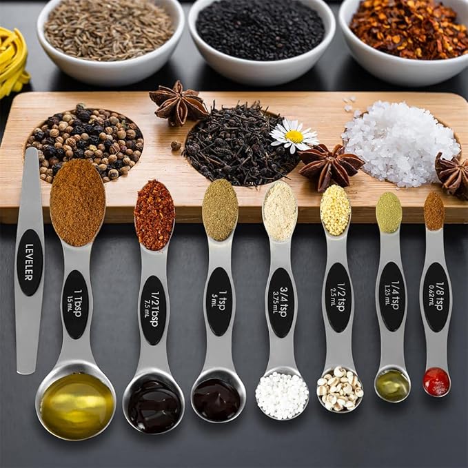 16 Pieces Measuring Cups and Magnetic Measuring Spoons Set Stainless Steel,8 Measure Cups with Silicone Handle and 7 Double Sided Magnetic Measure Spoons & 1 Leveler