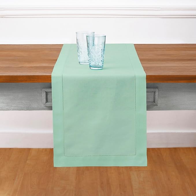 Solino Home Table Runner 108 Inches Long - Cotton Linen Hemstitch Aqua Table Runner 14 x 108 Inch for Spring, Summer