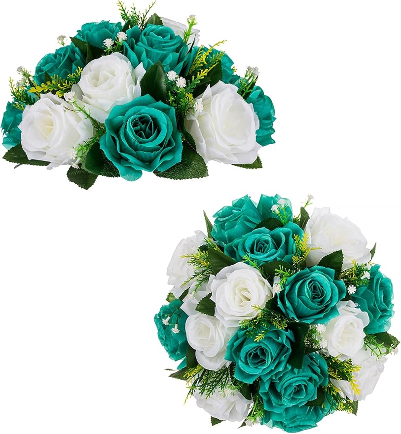 BLOSMON Teal Flowers Ball Decorations: 2 Pcs Fake Roses Flower Centerpiece for Wedding Table - Artificial Silk Kissing Bouquet Floral Arrangement for Home Party Event Decor | Artificial Silk Kissing Bouquet Floral Arrangement for Home Party Wedding Eve...
