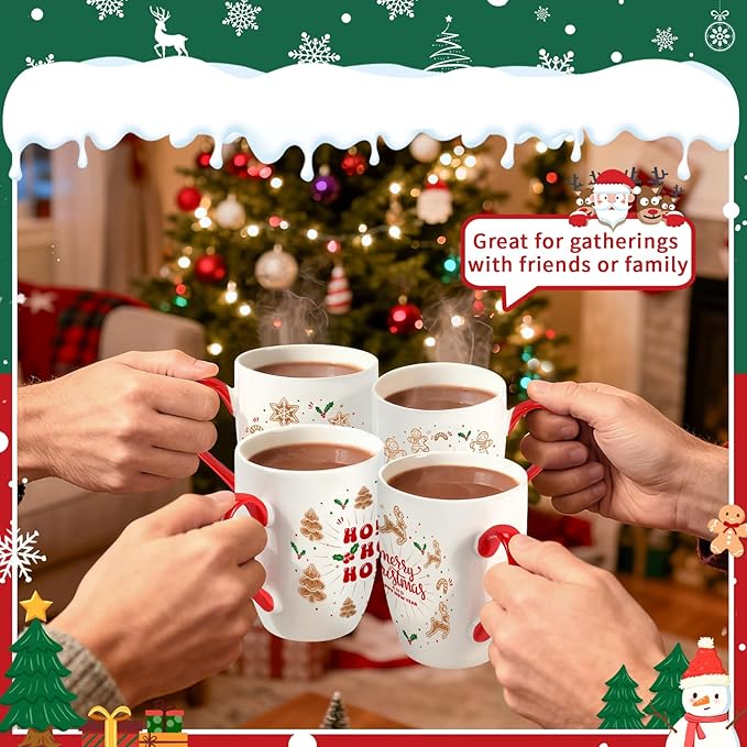 Classic Christmas Coffee Mug Set of 4, 12 oz Gingerbread Man Coffee Mug with Handle, Hot Cocoa Ceramic Mugs with Gift Box for Mom Woman Family Friends Colleagues