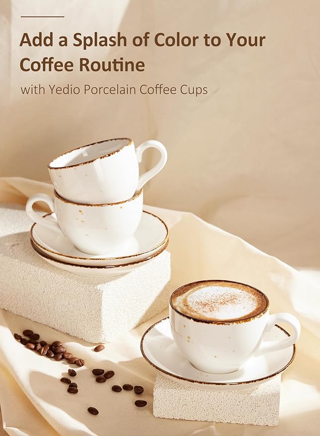 8oz Cappuccino Cups and Saucer, Porcelain Coffee Mugs, Latte Cups Set for Cappuccino, Espresso, Americano, Latte, Tea, Mocha, Microwave Dishwasher Safe, Set of 4, White