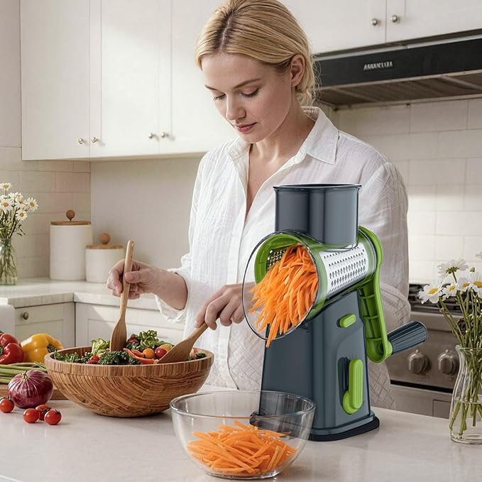Ourokhome Rotary Cheese Grater Cheese Shredder with 5 Interchangeable Blades, Rotary Grater with Non-slip Suction Base Hand Crank Slicer for Vegetable Nuts Grey