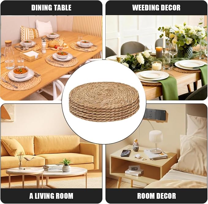 Round Woven Rattan Placemats, Handmade Natural Daffodil Pattern, Bohemian Style, Ideal for Gatherings, Outdoor Picnics, Weddings (Set of 6, 12 Inches Each)