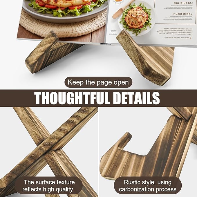 HAOIOKCS Premium Cookbook Stand, The Surface of The Cookbook Holder Features The Natural Grain of Wood, Cook Book Stand for Kitchen Counter, Rustic Brown Recipe Book Holder Stand