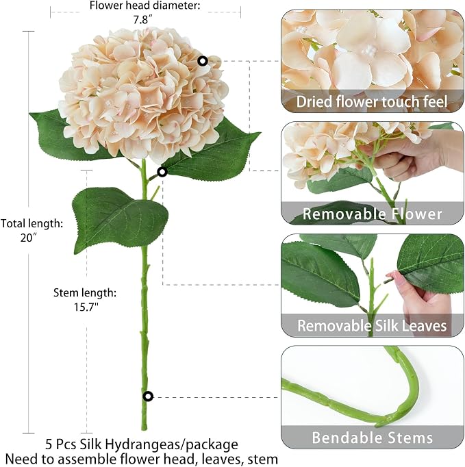 ZYTUYO 5 Pcs Light Coffee Silk Hydrangeas Artificial Flower Boho 20'' Faux Hydrangeas for Fall Indoor Home Decor Spring Kitchen Living Room Outdoor Porch Wedding Flower Arrangement