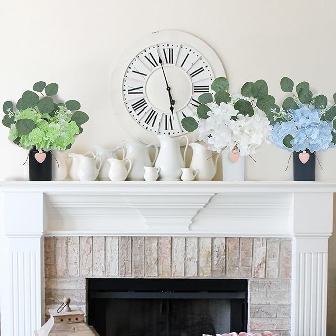 Artificial Hydrangea Flowers in Mason Jar Vase, Set of 3 Faux Hydrangea and Eucalyptus Arrangements, Pre-Arranged Farmhouse Table Centerpieces for Kitchen, Dining Room, Office Decor