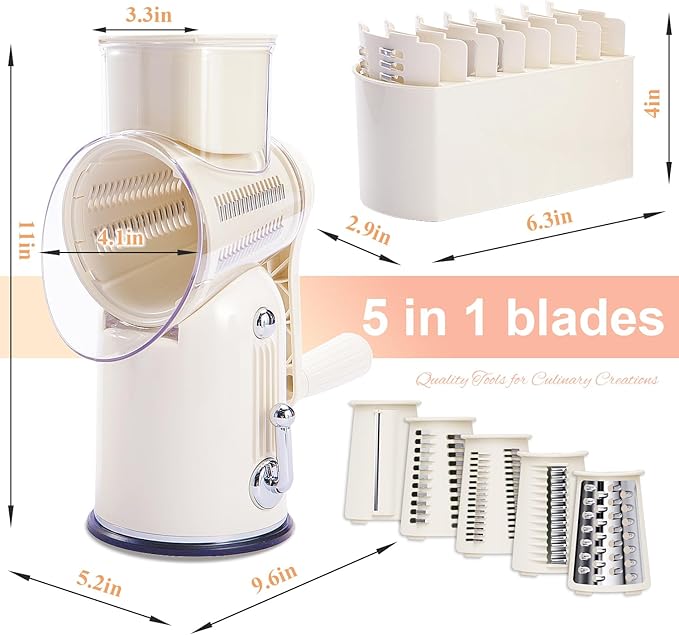 ENERGEVITY Manual Rotary Cheese Grater with Handle, 5 in 1 Replaceable Stainless Blades Cheese Shredder,Strong Suction Base Vegetable Slicer with Cleaning Brush & Bonus Storage Box for Blades (white)