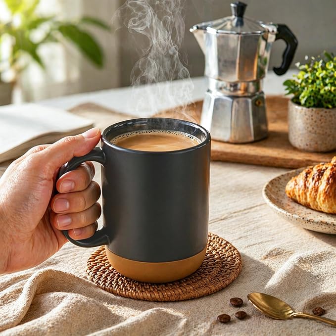 DOWAN Coffee Mugs, 15 oz Mug Set of 2, Large Ceramic Coffee Mug with Silicone Bottom and Spill Proof Lid for Mom Dad, Big Mug for Latte Tea, Matte Grey
