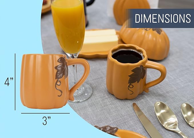 Nat & Jules Pumpkin Shaped 12 ounce Ceramic Coffee Mugs: Perfect for Halloween, Thanksgiving and Fall Kitchen & Home Collections - Set of 2, Orange