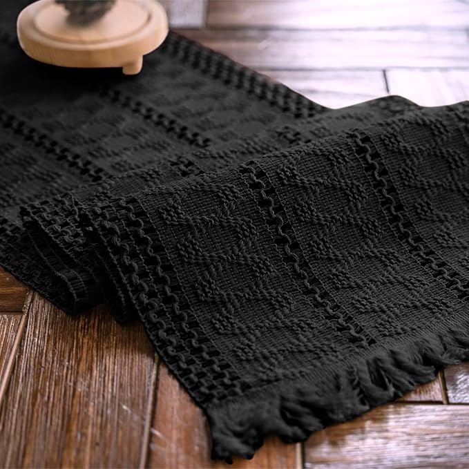 Macrame Table Runner Pure Black Boho Table Runners with Tassels Hand Woven Cotton Table Runner Rustic Farmhouse Table Runners for Bohemian Kitchen Dining Table(12x71in)
