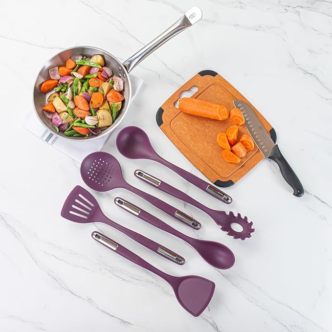Restaurantware Silicone Utensil Set Pack of 1 Non-Slip Handle 6-Piece Kitchen Tool Set, Heat-Resistant Dishwasher-Friendly Cooking Accessories, Durable Purple Cooking Utensils