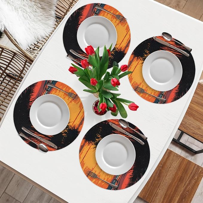 Round Placemats Set of 4, Summer Beach Sunrise Trees Woven Placemats Mats Non-Slip Heat Resistant Washable Table Mats Round Braided Place for Farmhouse Kitchen Dining Party Decor 15in