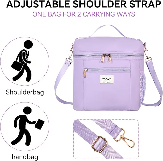 Voova Lunch Bag for Women, Insulated Lunch Box with Shoulder Strap, Adult Reusable Lightweight Nylon Waterproof Lunchbox Lunch bags for Work, Purple