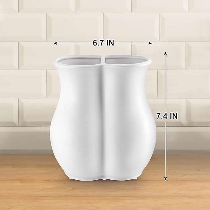 2026 Upgraded Vintage Kitchen Utensil Holder - Ceramic Utensil Crock Dual Compartment Curved, Modern Countertop Organizer for Farmhouse/Rustic Kitchen Decor(Matte White)