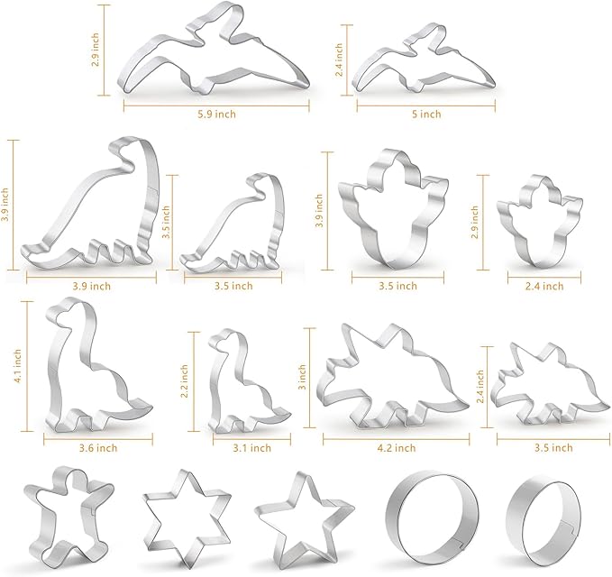 Dinosaur Cookie Cutters Set, 15-Piece Large Stainless Steel Molds - T-Rex, Brontosaurus, Triceratops, Pterodactyl, Footprint - Perfect for Kids Themed Birthday Party, Baking, Sandwiches, and DIY Fun