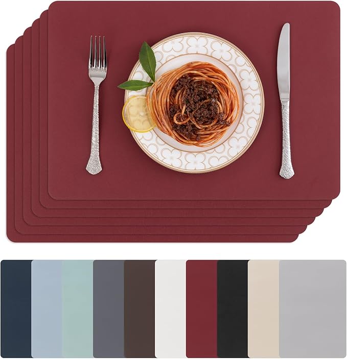 SHACOS Placemats Set of 6 Faux Leather Waterproof Leakproof Wipeable PU Non-Slip Vinyl Place Mats Heat Resistant Table Mats for Kitchen Dining Table Indoor Outdoor, Red