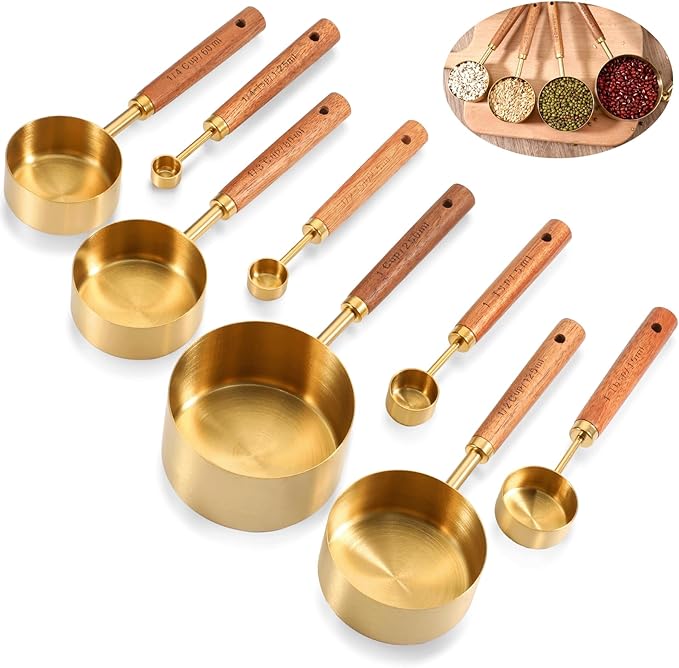 SHENLIU 8 Pcs Gold Measuring Cups and Spoons Set, Black Stainless Steel Measurings Cups with Wooden Handle, Metal Measuring Spoons and Measurings Cup Set for Kitchen Cooking Baking