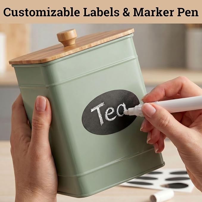Kitchen Canisters for Countertop Set of 3 with Customizable Chalkboard Labels & Marker Pen - Big Iron Kitchen Canisters with Airtight Lids - Sage Green Canister Set - Flour and Sugar Containers