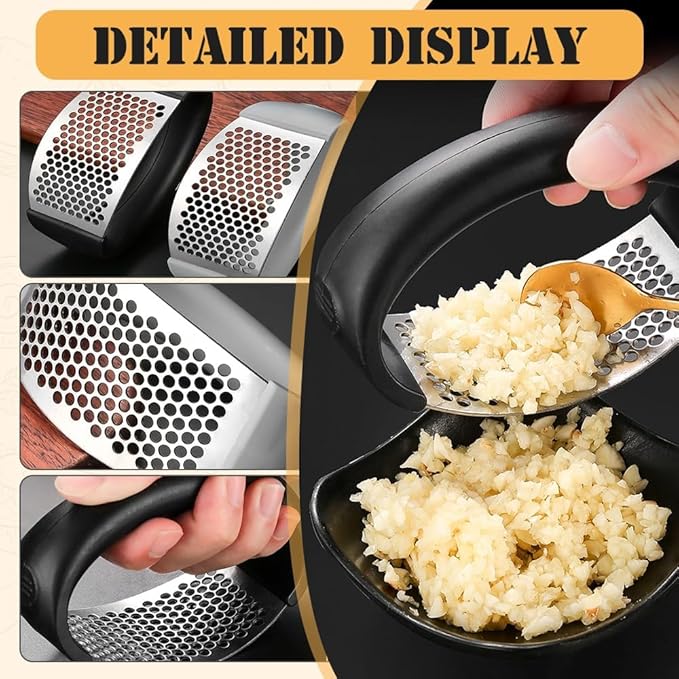 Stainless Steel Garlic Press - Upgraded Home Kitchen Utensil, Portable Manual Garlic Crusher, Black