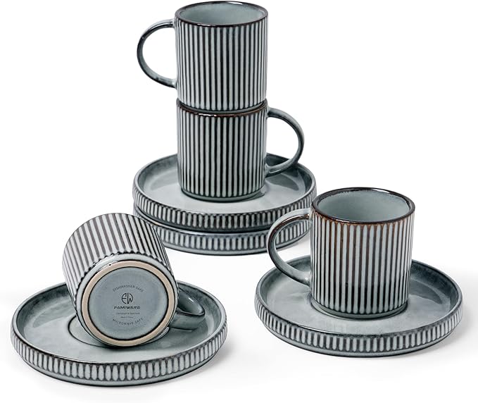 famiware Star Espresso Cups and Saucers Set of 4, [ Mini ] 3 oz Ceramic Small Coffee Mug with Handle, Ribbed Stoneware Demitasse Cup for Tea, Latte - Microwave & Dishwasher Safe - Smoky Blue
