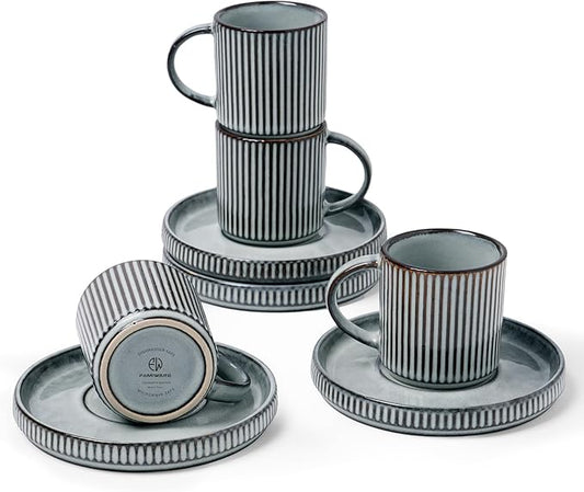 famiware Star Espresso Cups and Saucers Set of 4, [ Mini ] 3 oz Ceramic Small Coffee Mug with Handle, Ribbed Stoneware Demitasse Cup for Tea, Latte - Microwave & Dishwasher Safe - Smoky Blue