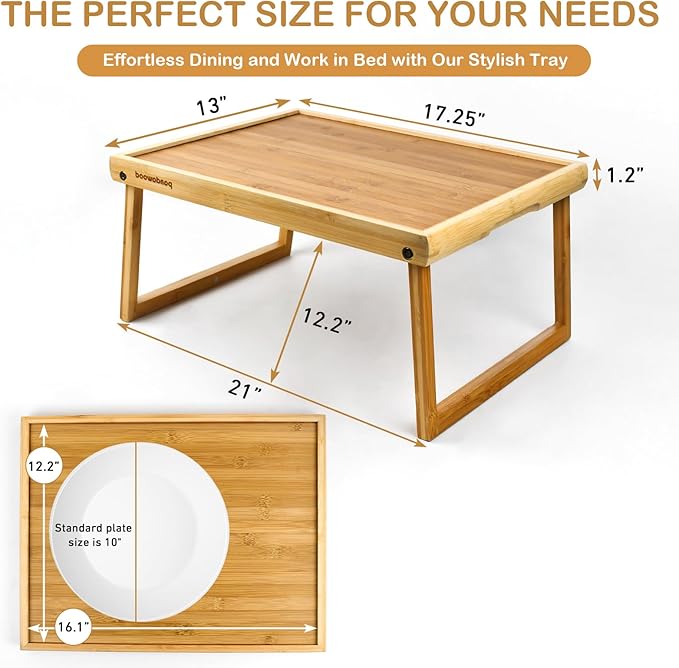 Bamboo Breakfast Tray for Bed - Bed Tray Table with Folding Legs for Eating - Foldable Food Tray with Handles - TV Lap Tray for Couch Adults Kids - Portable Bamboo Bed Tray with Legs for Laptop
