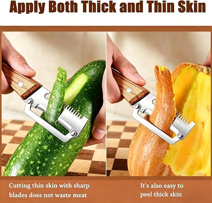 Multi-Functional Vegetable Peeler for Kitchen with Wooden Handle and Bottle Opener, 3 in 1 Stainless Steel Green Onion Slicer Kitchen Tool for Fruit Potato Pumpkin Apple carrot Papaya, Non-Slip Handle