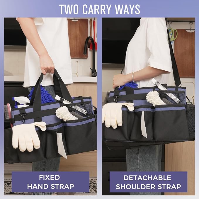 SCAVATA Wearable Cleaning Caddy, Cleaning Caddy Supplies Organizer with Handle & Shoulder Straps for Housekeepers, Under Sink & Car Cleaning Tool Organizers Bag with 4 Foldable Divider (CeruleanBlue)