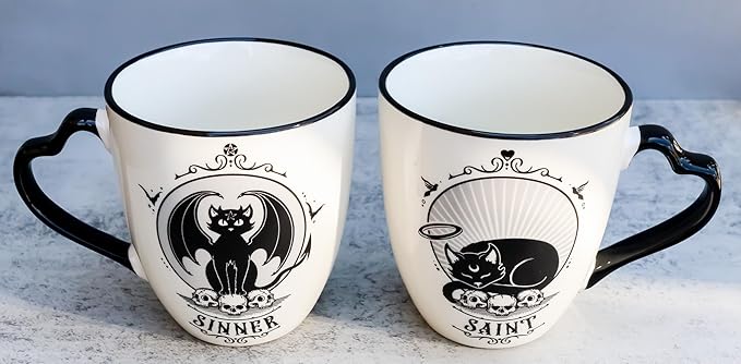 Ebros Gift Set Of 2 Gothic Wicca Saint Or Sinner Feline Cats Witching Hour Double Walled Bone China Porcelain Coffee Mugs Tea Drink Cups Alchemy Magic Occult Serveware Drinkware